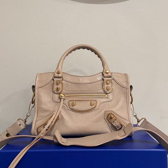 Auth Balenciaga Chevre Gold Metallic Edge Hardware Mini City Beige Latte - Picture 1 of 16